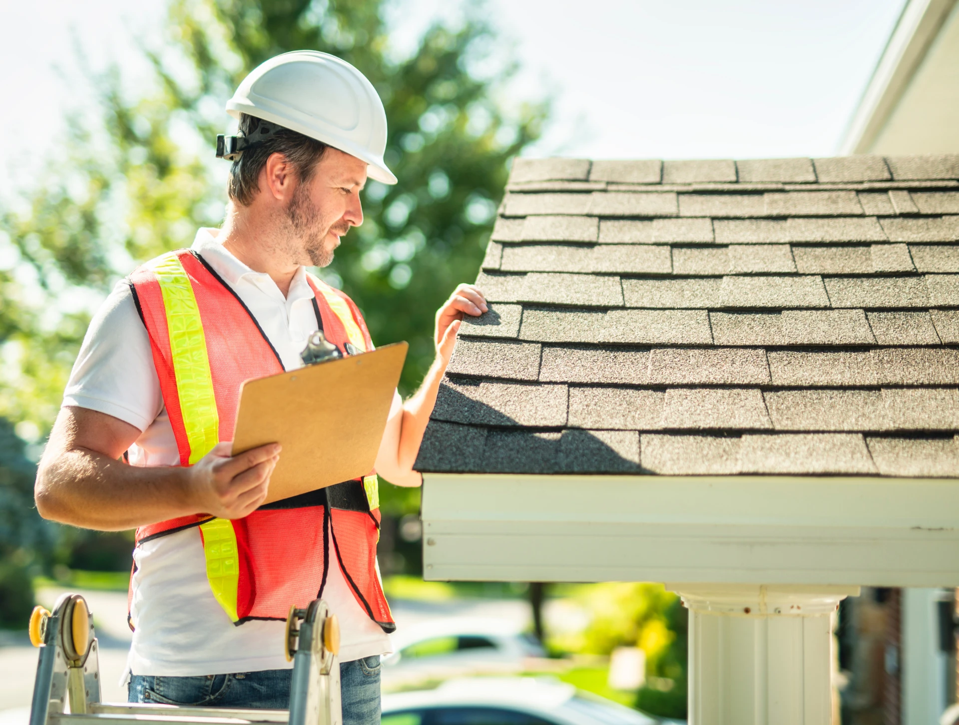 Construction worker inspecting roof shingles